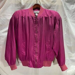 Vintage 80s Carol Horn Pink Silk Bomber Jacket with Ribbed Details
